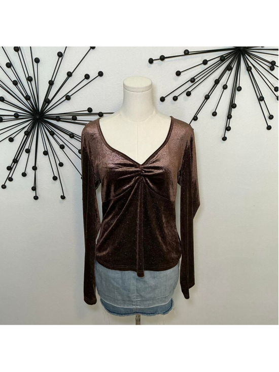 unbranded Tops - Y2K Brown Shimmer Velvet Top XL Long Sleeve Ruched Front Party Top